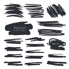 Set of black ink brush strokes isolated on white background