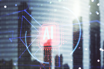 Double exposure of creative artificial Intelligence abbreviation hologram on blurry cityscape...