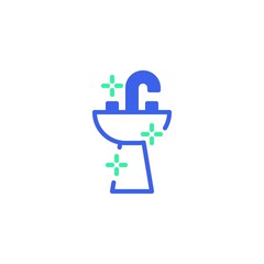 Washbasin and water tap icon vector, filled flat sign, bathroom sink bicolor pictogram, green and blue colors. Symbol, logo illustration