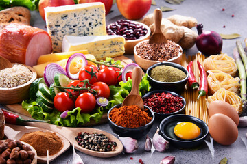 Composition with assorted organic food products on the table