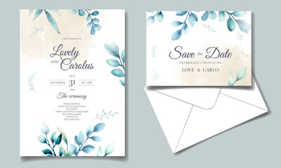 Fototapeta na wymiar Elegant watercolor leaves invitation card set