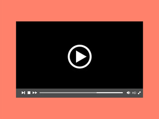 Black video player on a pink background. Video or movie program. Vector illustration of a minimalistic video player