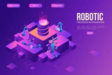 Robotic process automation concept with robots working with data, arms moving files, extracting information from websites, digital technology service, 3d isometric vector illustration
