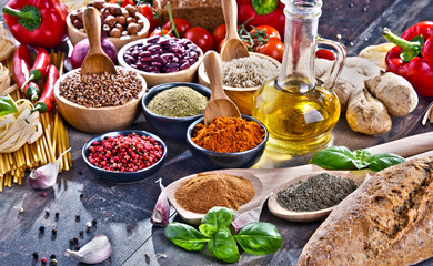 Composition with assorted organic food products on the table