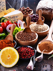 Composition with assorted organic food products on the table