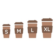 Coffee cup sizes set S M L XL. Different size - small, medium, large and extra large