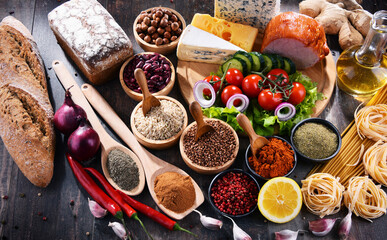 Composition with assorted organic food products on the table