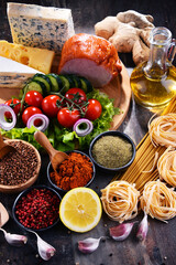 Composition with assorted organic food products on the table