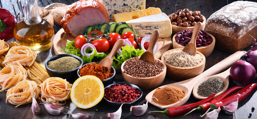 Composition with assorted organic food products on the table