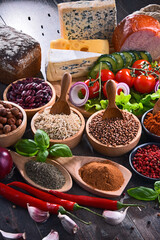 Composition with assorted organic food products on the table