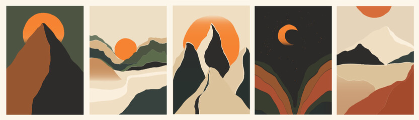 Trendy minimalist abstract landscape illustrations. Set of hand drawn contemporary artistic posters. 