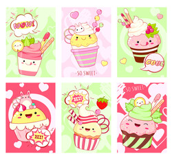 Set of cards with cute sweet desserts in kawaii style