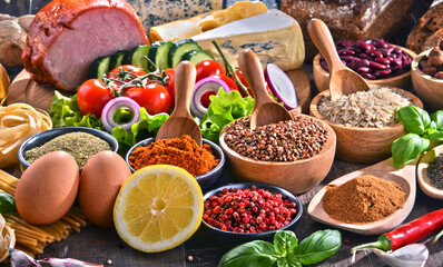 Composition with assorted organic food products on the table