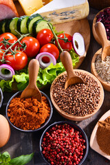 Composition with assorted organic food products on the table