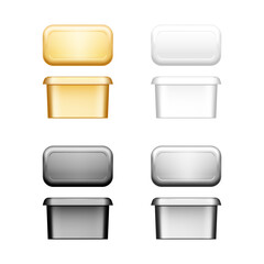 Butter, soft cheese or margarine container with lid mockup - front, top view. Blank white, silver, gold, black plastic food package: cream, yoghurt. Product template. Isolated 3d vector illustration