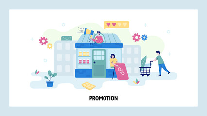 Man with megaphone invites people to shopping sale. Store building with showcase and sale discount banner. Concept illustration. Vector web site design template