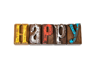 HAPPY. Feelings, stress, psychology and satisfaction concept. Colored wooden letters