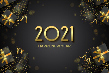 2021 happy new year with gold figures and illustration of gift boxes and birthday hats.