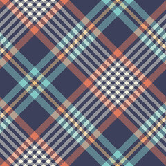 Colorful blue, orange, turquoise plaid pattern vector. Seamless herringbone textured check plaid graphic for skirt, blanket, throw, duvet cover, rug, or other textile print.
