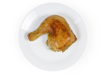 Top view of fried chicken leg quarter on white dish