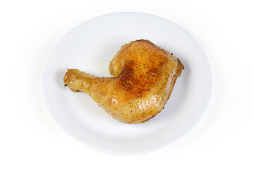 Just fried chicken leg quarter crispy outside on white dish
