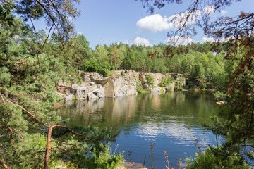 Scenic forest lake with rocky shore, view through pine branches