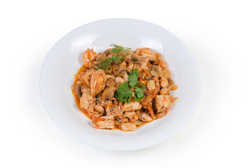 Beans with mushrooms and chicken, stewed in tomato sauce