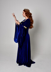 Full length portrait of  girl wearing long blue velvet gown with golden crown. standing pose with back to the camera, isolated against a studio background.