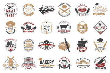Set of butcher shop and Bakery shop badge, label. Vector. Vintage logo design with cow, chicken, rolling pin, dough, silhouette. For restaurant identity objects, packaging, menu