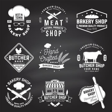 Set of butcher shop and Bakery shop badge, label. Vector. Vintage logo design with cow, chicken, rolling pin, dough, silhouette. For restaurant identity objects, packaging, menu
