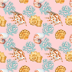 watercolor seamless pattern with shells and corals
