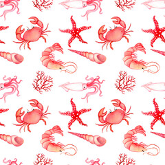 watercolor seamless pattern with starfish, crab, shrimp, coral and squid