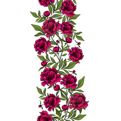 vector illustration of seamless garlands with beautiful red peony flowers and green leaves on white background