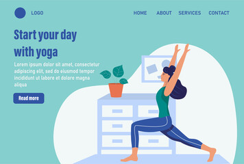 Start your day with yoga. Website homepage landing web page template. Young woman does yoga at home. The concept of daily life, everyday leisure and work activities. Flat cartoon vector illustration.