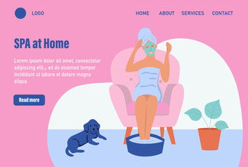 SPA at home. Website homepage landing web page template. Young woman makes a cosmetic mask. The concept of daily life, everyday leisure and work activities. Flat cartoon vector illustration.