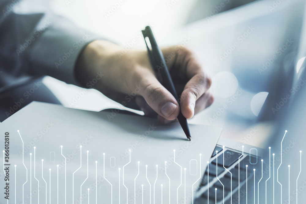 Poster Creative abstract micro chip hologram and hand writing in diary on background with laptop, artificial intelligence and machine learning concept. Multi exposure