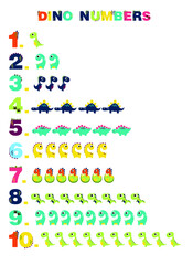 numbers for kids with dinosaurs, from 1 to 10. Kids learning material. Card for learning numbers. Number 1-10.