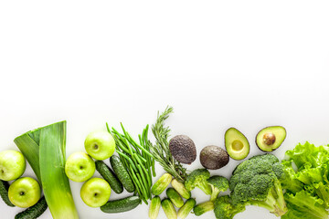 Greeny cocktail ingredients. background. Сucumber, avocado, broccoli, beans, leek and fresh apple on white background top view