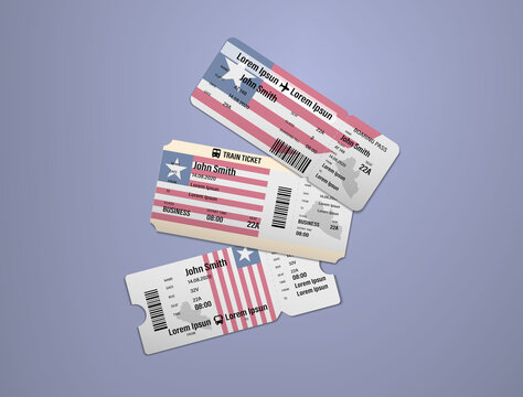 Modern design of Liberia airline, bus and train travel boarding pass. Three tickets of Liberia painted in flag color. Vector illustration isolated gradient background