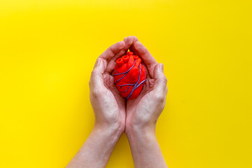 Anatomical heart in the hands. Yellow background top view