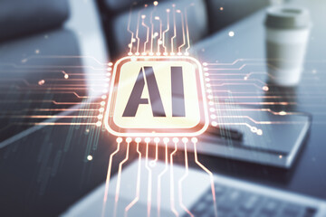 Creative artificial Intelligence symbol concept with modern laptop on background. Multiexposure