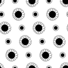 Floral summer seamless pattern with black  sunflowers silhouette on white background. Cartoon style. Design for fabric, textile, posters, card, paper. Hand drow flowers. Vector illustration.
