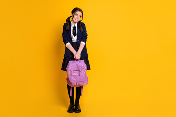 Full length body size view of her she nice attractive shy schoolgirl nerd holding in hand violet...