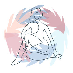 Vector outline illustration of woman body on floral background with exotic leaves. One line drawing. Greeting card, poster, banner, social media post, fashion print, invitation, sale, brochure