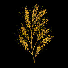 Hand drawn abstract golden sprig with glitter effect. Luxury floral vector illustration. Decorative branches isolated on black background. Autumn and summer leaf icon. Doodle style.