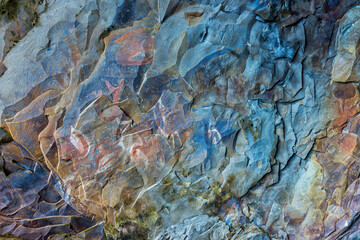 Rock paintings in a ceremonial cave, Ana Kai Tangata, Hanga Roa, Rapa Nui National Park, Easter Island, Chile, Unesco World Heritage Site