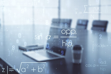 Creative scientific formula hologram on modern laptop background, research concept. Multiexposure