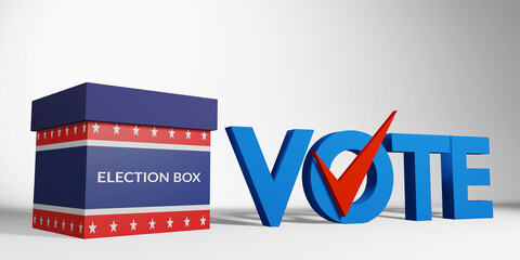 Obraz premium election box with America flag pattern and blue text vote with red check correct sign isolated on white background, 3d rendering. US presidential election banner campaign concept