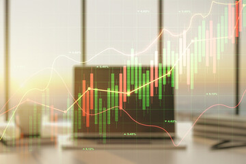 Multi exposure of abstract creative financial graph on modern computer background, forex and investment concept