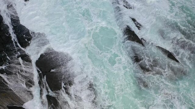 Aerial view of waves crashing on coastline at Dawros in County Donegal - Ireland.